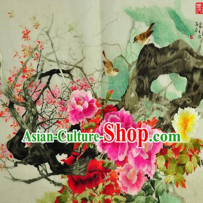 Traditional Chinese Embroidered Flowers Bird Decorative Painting Hand Embroidery Peony Silk Wall Picture Craft