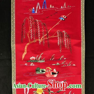 Traditional Chinese Embroidered Mandarin Duck Decorative Painting Hand Embroidery Red Silk Wall Picture Craft