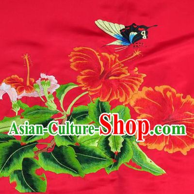 Traditional Chinese Embroidered Butterfly Flowers Decorative Painting Hand Embroidery Red Silk Wall Picture Craft