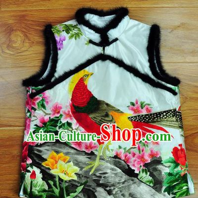 Traditional Chinese Embroidered Golden Pheasant Peony Vest Hand Su Embroidery Tang Suit White Silk Waistcoat for Women
