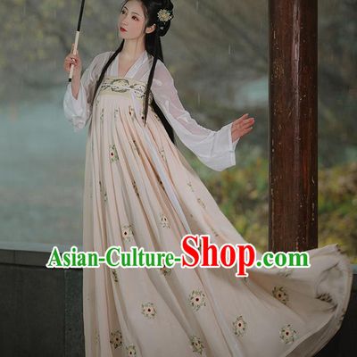 Chinese Traditional Tang Dynasty Princess Costumes Ancient Noble Lady Garment Hanfu Blouse and Apricot Dress Complete Set