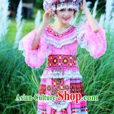 China Miao Ethnic Folk Dance Apparels Minority Stage Performance Costumes Yunnan Nationality Women Pink Short Dress and Headpiece