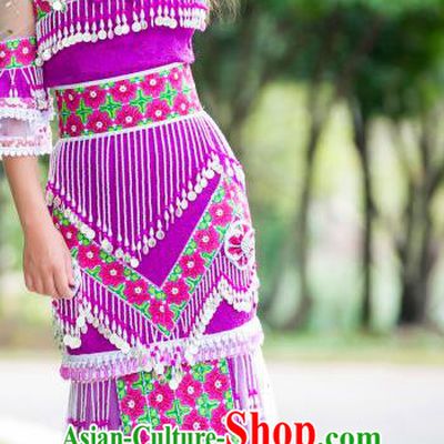 China Miao Ethnic Purple Apparels Minority Stage Performance Costumes Yunnan Nationality Women Long Dress and Headdress