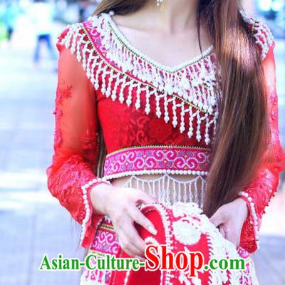 China Wenshan Miao Ethnic Folk Dance Red Short Dress Minority Nationality Costumes Women Apparels Blouse and Skirt with Hat