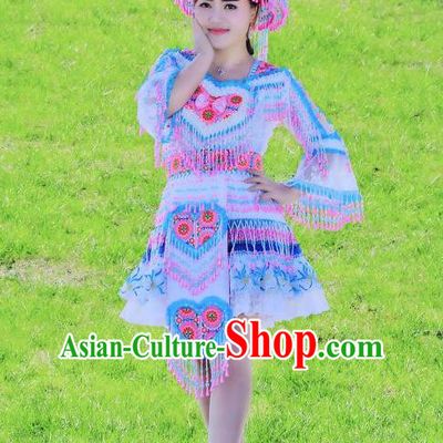 China Yunnan Ethnic Women Short Dress Miao Minority Nationality Costumes Women Folk Dance Apparels with Headpiece