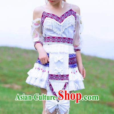 China Yi Minority Folk Dance Clothing Ethnic Women White Short Dress Nationality Stage Performance Apparels and Hat