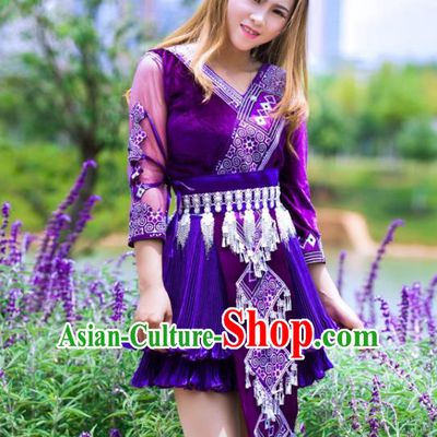 China Miao Minority Folk Dance Clothing Wenshan Ethnic Women Apparels Yunnan Nationality Purple Blouse and Short Skirt with Hat