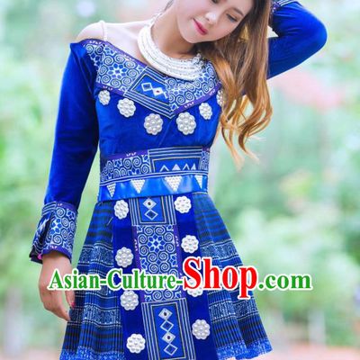 China Yunnan Nationality Royalblue Velvet Blouse and Short Skirt Miao Minority Folk Dance Clothing Wenshan Ethnic Women Apparels