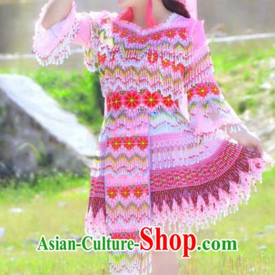 China Nationality Pink Blouse and Short Skirt Yi Minority Folk Dance Clothing Ethnic Women Apparels and Headdress