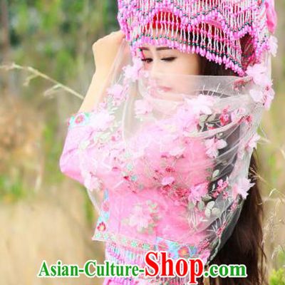 China Nationality Wedding Pink Blouse and Short Skirt Miao Minority Folk Dance Clothing Ethnic Bride Apparels and Headwear