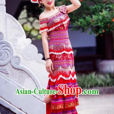 Yunnan Mengzi Ethnic Women Apparels Minority Wedding Red Long Dress China Miao Nationality Clothing and Headwear