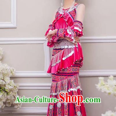 China Guizhou Nationality Bride Apparels Miao Minority Wedding Clothing Ethnic Embroidered Rosy Velvet Long Dress and Headwear