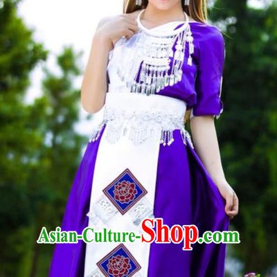 Top Grade Miao Ethnic Female Apparels Minority Folk Dance Clothing China Nationality Purple Long Dress with Headpiece