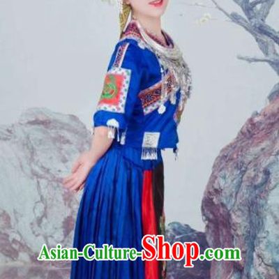China Miao Minority Traditional Festival Apparels Ethnic Celebration Clothing Hmong Embroidered Royalblue Blouse and Skirt with Headdress