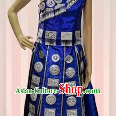 China Tujia Minority Ethnic Celebration Clothing Hmong Embroidered Royalblue Blouse and Skirt Traditional Festival Apparels
