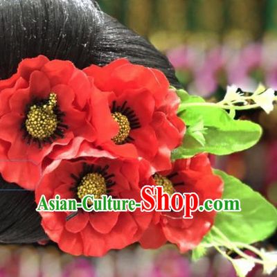 China Miao Ethnic Bride Hair Accessories Minority Nationality Headwear Red Flowers Hair Stick