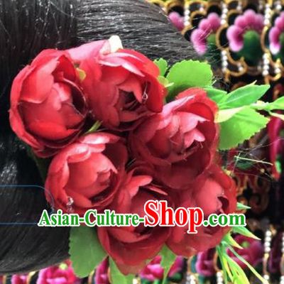 Chinese Miao Minority Wedding Women Red Roses Hair Stick Handmade Ethnic Bride Hair Accessories