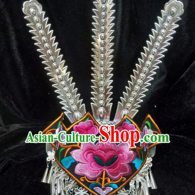 China Miao Nationality Embroidered Hair Crown Handmade Ethnic Minority Hair Accessories Bride Silver Phoenix Coronet