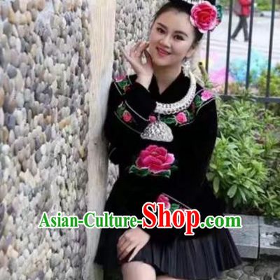 China Traditional Folk Dance Apparels Ethnic Women Clothing Leishan Miao Minority Embroidered Black Blouse and Short Skirt