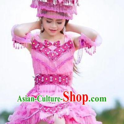 Top Grade Stage Performance Clothing Ethnic Folk Dance Apparels China Miao Minority Women Pink Costume with Rosy Beads Tassel Headwear