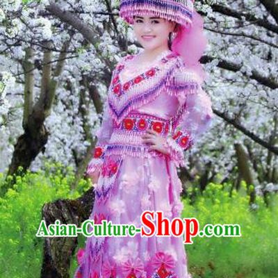 China Ethnic Bride Apparels Tujia Minority Women Pink Costume Top Grade Stage Performance Clothing with Headpieces