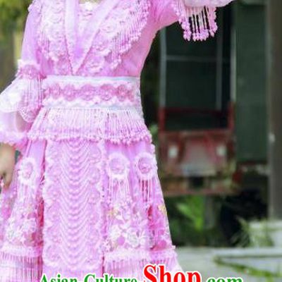 Miao Minority Bride Pink Dress China Traditional Ethnic Clothing Women Folk Dance Apparels with Headwear
