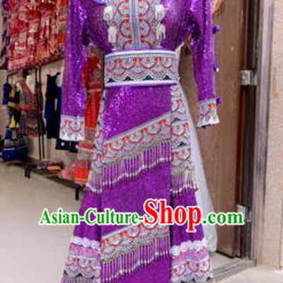 Traditional China Hmong Bride Costumes Yunnan Mengzi Ethnic Clothing Miao Minority Women Purple Long Dress