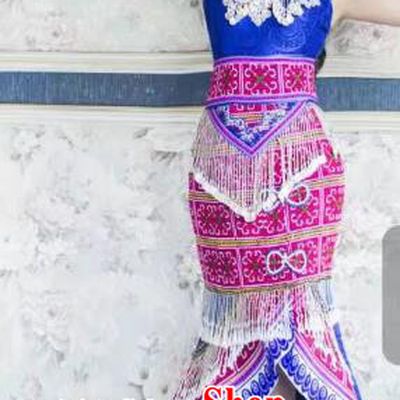 China Miao Minority Clothing Royalblue Dress Ethnic Women Folk Dance Costumes with Hair Accessories