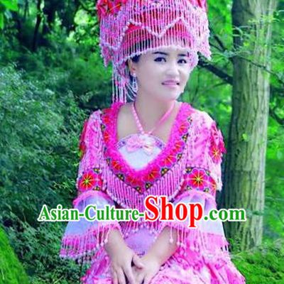 China Ethnic Folk Dance Apparels Miao Nationality Clothing Yunnan Minority Travel Photography Rosy Blouse and Skirt with Hat