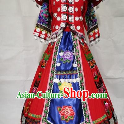China Miao Ethnic Wedding Apparels Miao Nationality Clothing Yunnan Hmong Minority Embroidered Red Dress