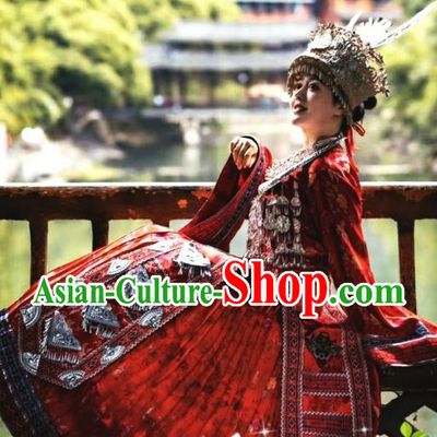 China Xiangxi Miao Ethnic Apparels Miao Nationality Bride Clothing Hmong Minority Wedding Embroidered Red Dress and Hair Accessories