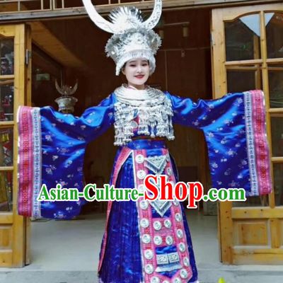 China Miao Ethnic Celebration Apparels Hmong Minority Wedding Embroidered Royalblue Dress Miao Nationality Bride Clothing and Headpieces