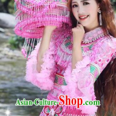 China Miao Minority Bride Clothing Travel Photography Apparels Ethnic Folk Dance Pink Blouse and Skirt with Hat