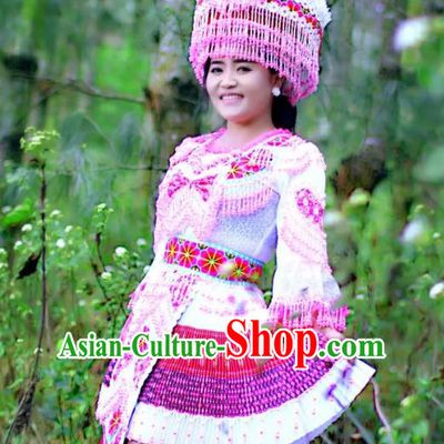 China Yunnan Ethnic Folk Dance Blouse and Skirt with Hat Miao Minority Bride Clothing Travel Photography Apparels