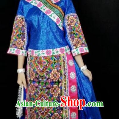 China Traditional Minority Stage Performance Apparels Ethnic Bride Clothing Miao Nationality Embroidered Blue Blouse and Skirt with Headdress