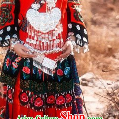 China Miao Ethnic Bride Clothing Traditional Nationality Lusheng Festival Embroidered Red Blouse and Skirt with Headdress Minority Stage Performance Apparels