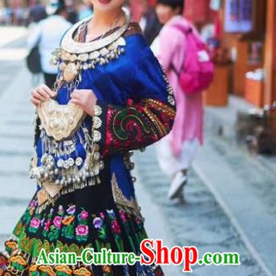 China Leishan Miao Ethnic Bride Clothing Traditional Guizhou Nationality Minority Festival Embroidered Blue Blouse and Skirt with Headdress