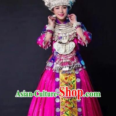China Nationality Minority Folk Dance Rosy Blouse and Skirt Clothing Traditional Miao Ethnic Women Apparels with Headpieces