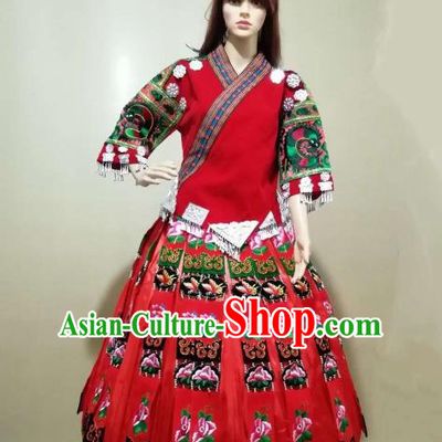China Traditional Hmong Women Apparels Embroidered Red Blouse and Skirt Miao Nationality Minority Folk Dance Costumes Ethnic Wedding Clothing