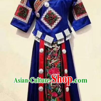 China Embroidered Royalblue Blouse and Skirt Ethnic Clothing Traditional Hmong Women Apparels Miao Nationality Minority Folk Dance Costumes
