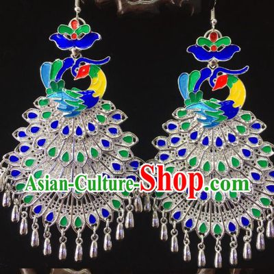 China Nationality Handmade Blueing Peacock Earrings Hmong Guizhou Miao Ethnic Minority Ear Accessories