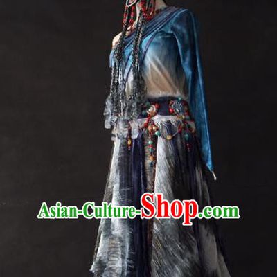 China Traditional Zang Nationality Costumes Ethnic Folk Dance Clothing Tibetan Minority Dance Dress and Headwear for Women