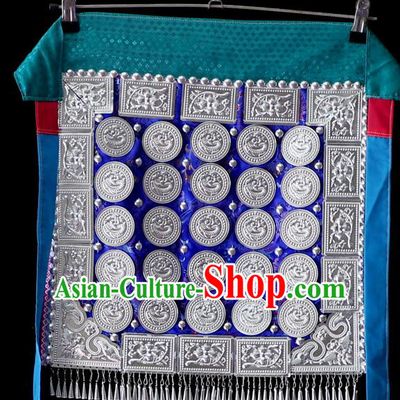 China Traditional Minority Costume Dong Nationality Folk Dance Dress Waist Accessories Royalblue Silk Apron