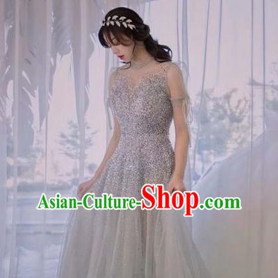 Compere Argent Veil Full Dress Evening Wear Annual Meeting Costumes Bride Dress