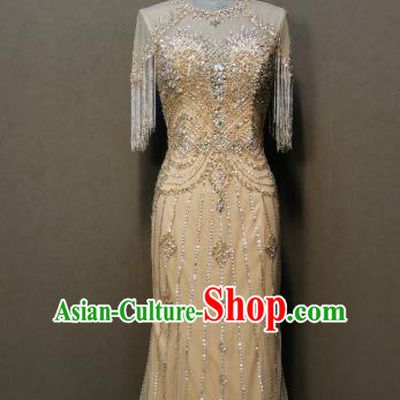 Annual Meeting Costumes Compere Light Golden Full Dress Evening Wear Bride Embroidery Beads Dress