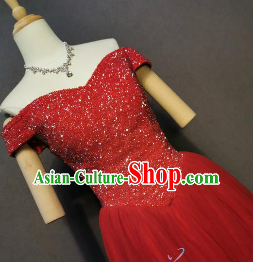 Bride Toast Red Off Shoulder Dress Evening Wear Compere Full Dress Annual Meeting Costumes Bride Toast Red Off Shoulder Dress Evening Wear Compere Full Dress Annual Meeting Costumes