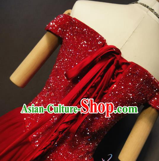 Bride Toast Red Off Shoulder Dress Evening Wear Compere Full Dress Annual Meeting Costumes Bride Toast Red Off Shoulder Dress Evening Wear Compere Full Dress Annual Meeting Costumes