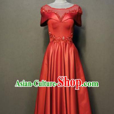 Evening Wear Compere Full Dress Annual Meeting Costumes Bride Toast Red Satin Dress