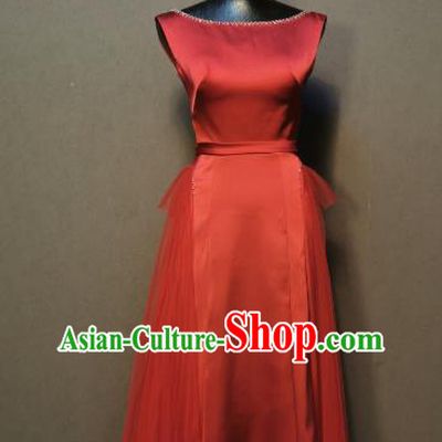 Compere Full Dress Evening Wear Annual Meeting Costumes Bride Toast Wine Red Satin Dress