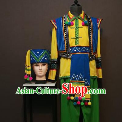 China Traditional Puyi Nationality Costumes Buyei Ethnic Folk Dance Clothing Minority Men Vest Shirt Pants and Hat
